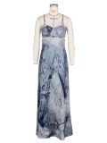 Denim Printed Pin Decorated Backless Spaghetti Strap Floor-Length Dress Set for Women