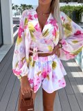 Summer Chiffon Lantern Sleeve V-Neck Blouse with Elastic Waist Straight Shorts Printed Set