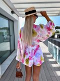 Summer Chiffon Lantern Sleeve V-Neck Blouse with Elastic Waist Straight Shorts Printed Set