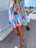 Summer Chiffon Lantern Sleeve V-Neck Blouse with Elastic Waist Straight Shorts Printed Set