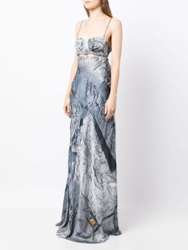 Denim Printed Pin Decorated Backless Spaghetti Strap Floor-Length Dress Set for Women