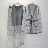 Knit Jacket V-Neck Top and Wide-Leg Pants Three-Piece Suit