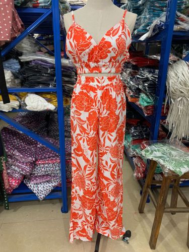 Women Vacation-ready Floral Deep V-neck and Adjustable Top and pants set  (Including Chest Pads)