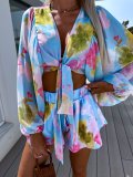 Summer Chiffon Lantern Sleeve V-Neck Blouse with Elastic Waist Straight Shorts Printed Set