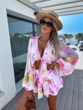 Summer Chiffon Lantern Sleeve V-Neck Blouse with Elastic Waist Straight Shorts Printed Set