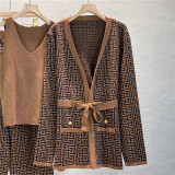 Knit Jacket V-Neck Top and Wide-Leg Pants Three-Piece Suit