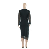 Long-Sleeved Sheer Sleeve Mesh Dress with Irregular Ruffled Hemline