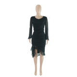 Long-Sleeved Sheer Sleeve Mesh Dress with Irregular Ruffled Hemline