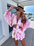 Summer Chiffon Lantern Sleeve V-Neck Blouse with Elastic Waist Straight Shorts Printed Set