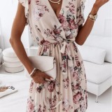 Lotus Leaf Hem Chiffon Floral Print V-neck Short Sleeve Dress
