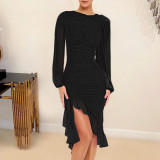 Long-Sleeved Sheer Sleeve Mesh Dress with Irregular Ruffled Hemline