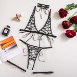 Crossed Straps Sheer Bodysuit with Neck Collar Bra Set