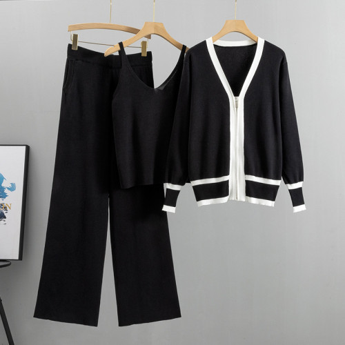 Knitted Cardigan Camisole Top and Wide Leg Pants Three-piece Set