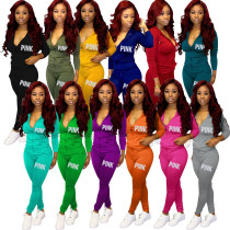 Casual Sports Zipper Printed Hoodie Two Piece Pant Set with Pocket