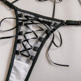 Crossed Straps Sheer Bodysuit with Neck Collar Bra Set