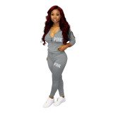 Casual Sports Zipper Printed Hoodie Two Piece Pant Set with Pocket