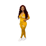 Casual Sports Zipper Printed Hoodie Two Piece Pant Set with Pocket