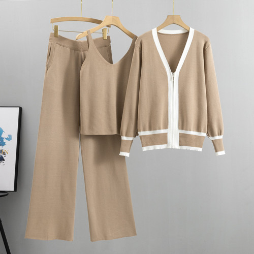 Knitted Cardigan Camisole Top and Wide Leg Pants Three-piece Set