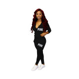 Casual Sports Zipper Printed Hoodie Two Piece Pant Set with Pocket