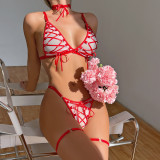 Crossed Straps Sheer Bodysuit with Neck Collar Bra Set