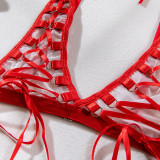 Crossed Straps Sheer Bodysuit with Neck Collar Bra Set