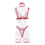 Crossed Straps Sheer Bodysuit with Neck Collar Bra Set