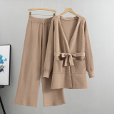 Wide-Leg Knit Pants and Open-Front Cardigan Sweater Two-Piece Set