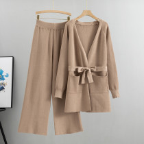 Wide-Leg Knit Pants and Open-Front Cardigan Sweater Two-Piece Set