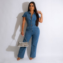 Fashion Short Sleeve Wide-leg Pants Denim Jumpsuit Fashion Short Sleeve Wide-leg Pants Denim Jumpsuit