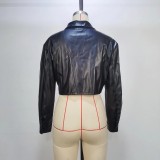 PU Faux Leather Crop Jacket Lapel Long Sleeve Button Down Solid Shirt Top Outerwear Streetwear