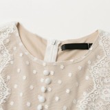 White Polka Dot Lace Patchwork Long Sleeves Mid Dress