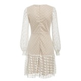 White Polka Dot Lace Patchwork Long Sleeves Mid Dress