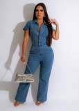 Fashion Short Sleeve Wide-leg Pants Denim Jumpsuit
