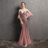 Off-The-Shoulder Gown Vintage Bridesmaid Wedding Sequin Mermaid Gown