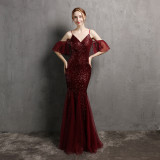 Off-The-Shoulder Gown Vintage Bridesmaid Wedding Sequin Mermaid Gown