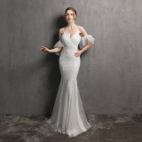 Off-The-Shoulder Gown Vintage Bridesmaid Wedding Sequin Mermaid Gown