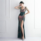 Short-Sleeve V-Neck Sequined Mermaid Evening Gown