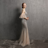 Off-The-Shoulder Gown Vintage Bridesmaid Wedding Sequin Mermaid Gown