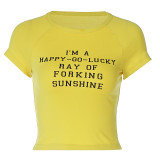 Yellow Round Neckline Short-sleeved T-shirt with Letter Print