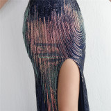 Short-Sleeve V-Neck Sequined Mermaid Evening Gown