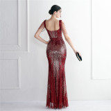 Short-Sleeve V-Neck Sequined Mermaid Evening Gown
