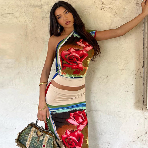 Retro-Printed Two-Piece Set with Asymmetric Shoulder and Single Sleeve