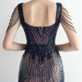 Short-Sleeve V-Neck Sequined Mermaid Evening Gown