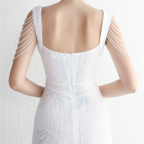 Short-Sleeve V-Neck Sequined Mermaid Evening Gown