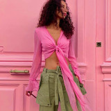 Women's Rose color Chiffon Cardigan V-Neck Tie Waist T-Shirt