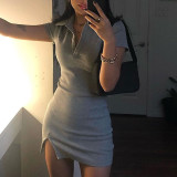 Solid Color Ribbed Short Sleeve Bodycon Dress