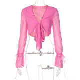 Women's Rose color Chiffon Cardigan V-Neck Tie Waist T-Shirt