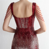 Short-Sleeve V-Neck Sequined Mermaid Evening Gown
