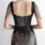Short-Sleeve V-Neck Sequined Mermaid Evening Gown