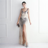 Short-Sleeve V-Neck Sequined Mermaid Evening Gown